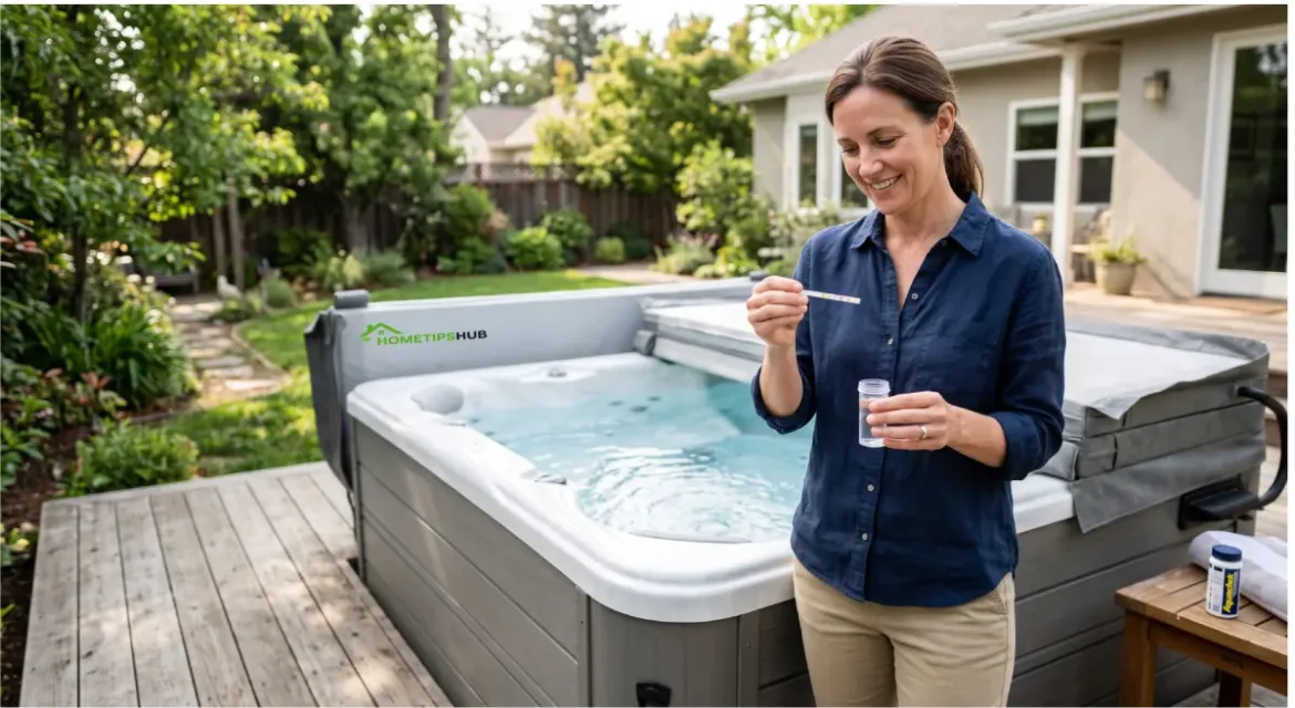 Homeowner testing hot tub water during regular hot tub maintenance to keep water clean and balanced.
