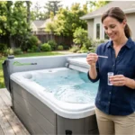 Homeowner testing hot tub water during regular hot tub maintenance to keep water clean and balanced.