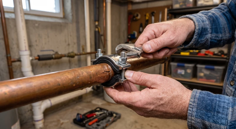 Homeowner installing a pipe repair clamp on a damaged water pipe
