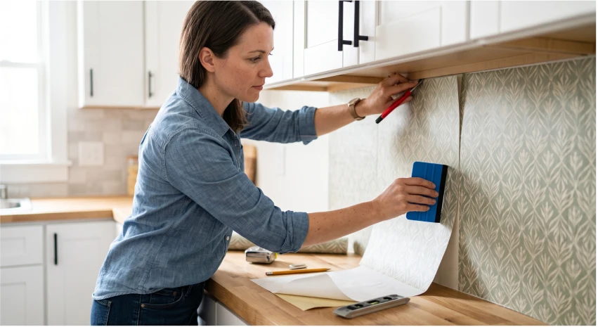 Homeowner installing peel and stick kitchen wallpaper using proper DIY techniques.