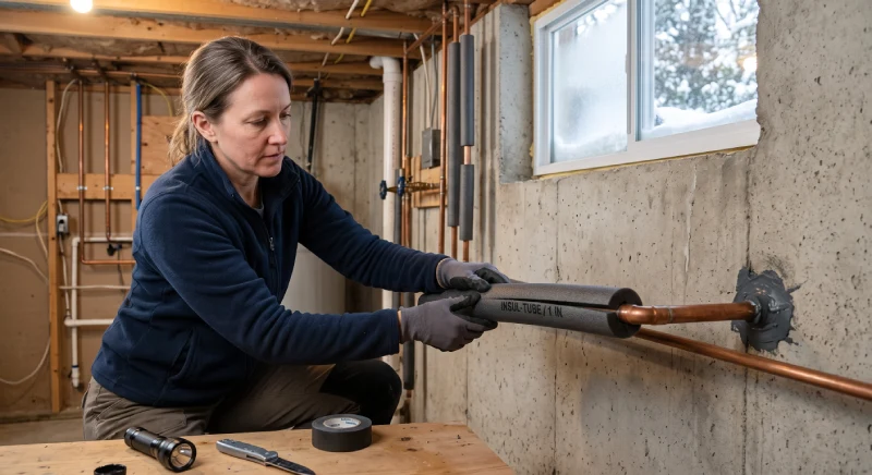 Homeowner insulating exposed pipes to prevent frozen pipe repair problems
