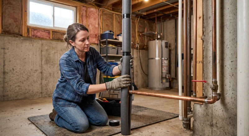Homeowner insulating exposed pipes to prevent a burst pipe