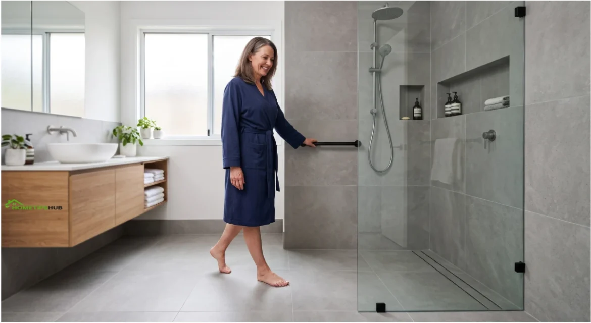 Barrier free shower with a modern curbless bathroom design for improved accessibility and safety.