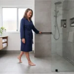 Barrier free shower with a modern curbless bathroom design for improved accessibility and safety.