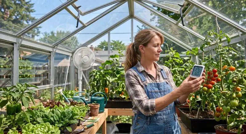 Greenhouse temperature control with ventilation and a digital thermometer