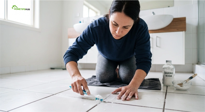 Cleaning bathroom grout naturally with baking soda paste and a soft brush.