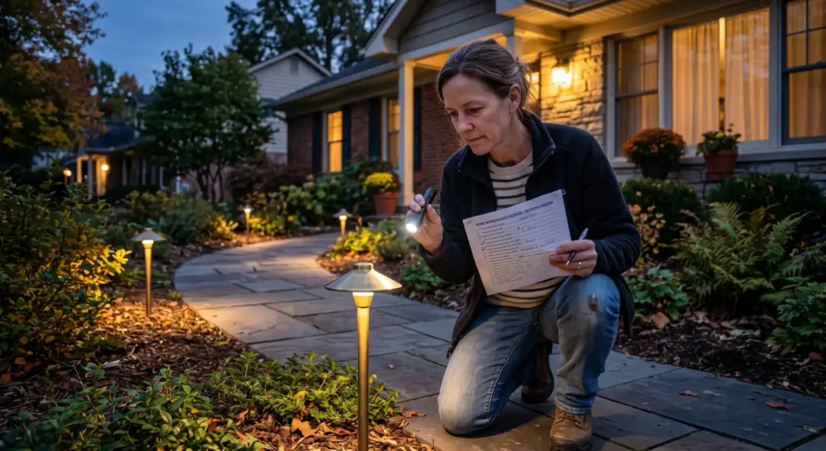 Homeowner performing outdoor lighting maintenance inspection on landscape lighting fixtures at dusk