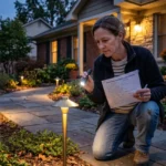 Homeowner performing outdoor lighting maintenance inspection on landscape lighting fixtures at dusk