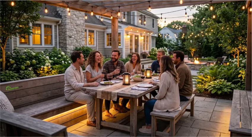 Layered garden lighting ideas for patios with café string lights, lanterns, and ambient outdoor lighting.