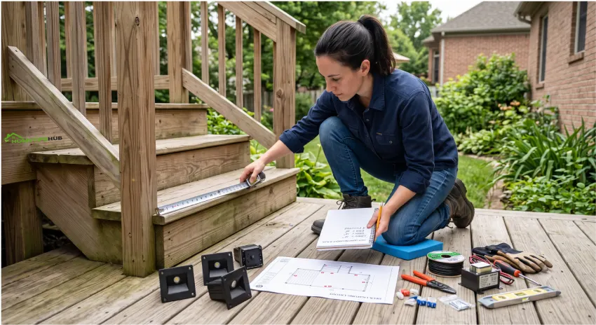 Planning a deck lighting installation with fixture layout, measurements, and outdoor lighting tools.