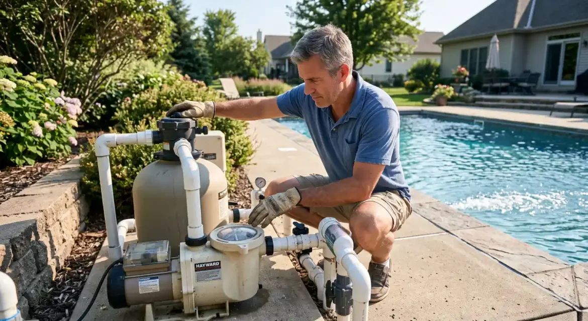 Pool Pump Maintenance: 7 Amazing Tips Pool pump maintenance and inspection beside a residential swimming pool