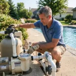 Pool pump maintenance and inspection beside a residential swimming pool