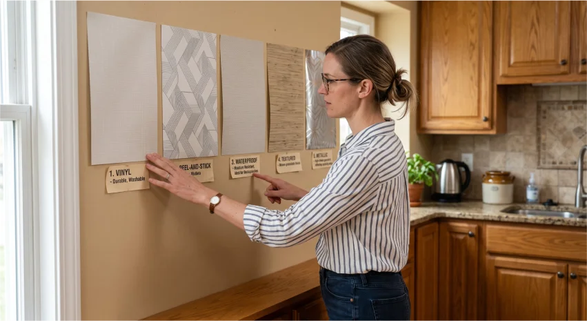 Comparison of vinyl, peel and stick, waterproof, and textured kitchen wallpaper materials.