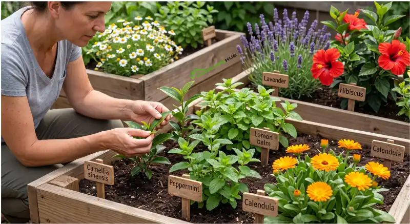 Popular tea garden plants including chamomile mint lavender hibiscus and Camellia sinensis growing together