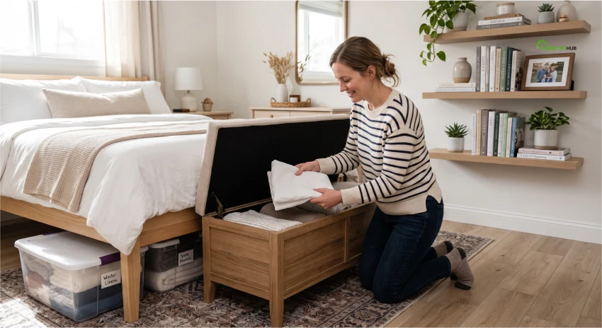 Small guest bedroom storage ideas using under-bed storage, floating shelves, and storage benches.