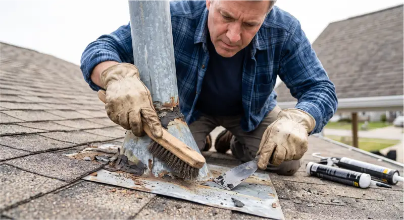 Cleaning roof flashing before applying sealant during DIY roof flashing repair