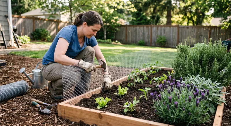 Homeowner installing rabbit fencing around a garden bed