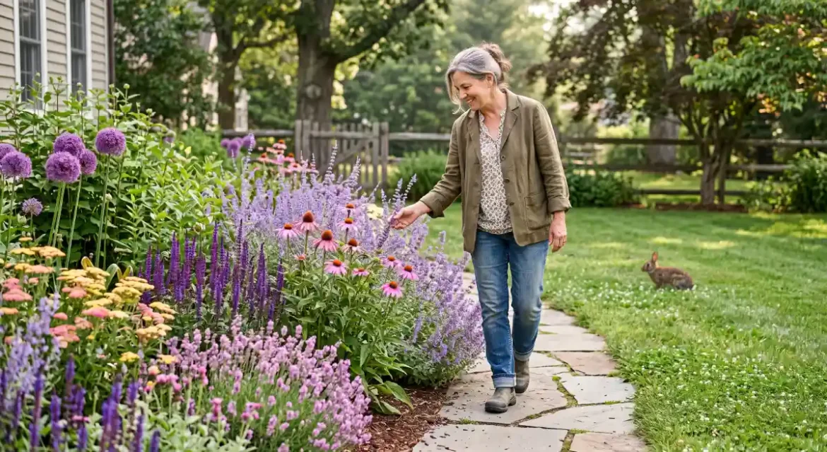 Rabbit resistant plants growing in a colorful backyard garden