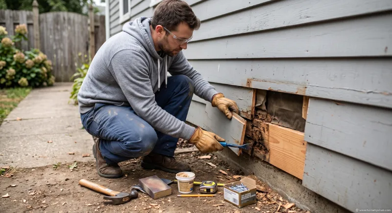 Repairing rotted wood siding near the bottom of a house
