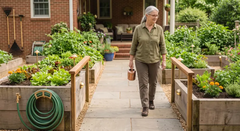 Safe senior-friendly garden with wide pathways and raised beds
