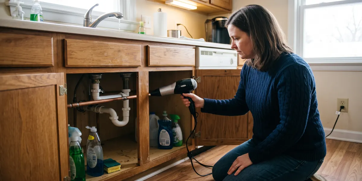 Homeowner using a hair dryer to safely thaw a frozen pipe