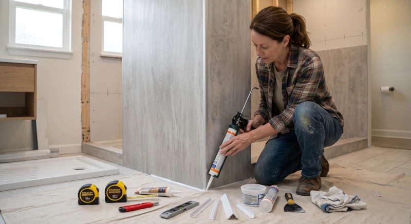 Homeowner sealing waterproof wall panel edges during bathroom installation