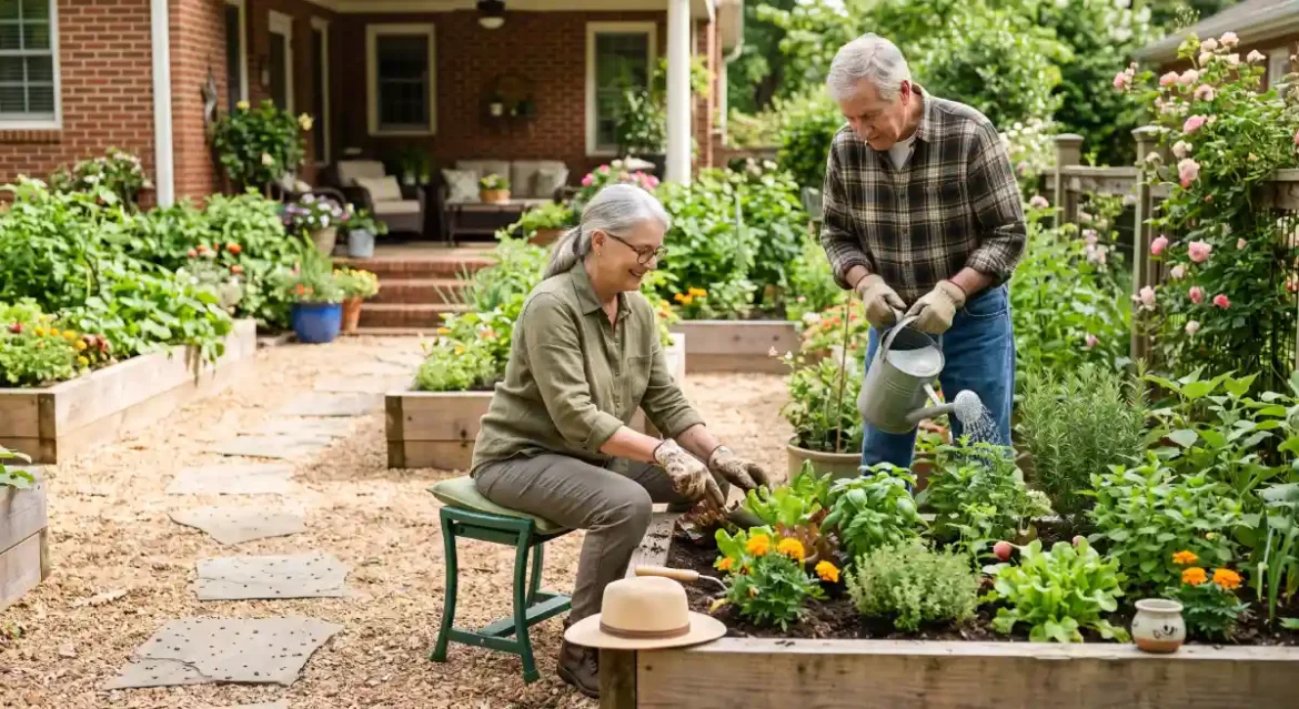 Gardening for seniors with older adults using an accessible raised garden bed