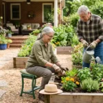Gardening for seniors with older adults using an accessible raised garden bed