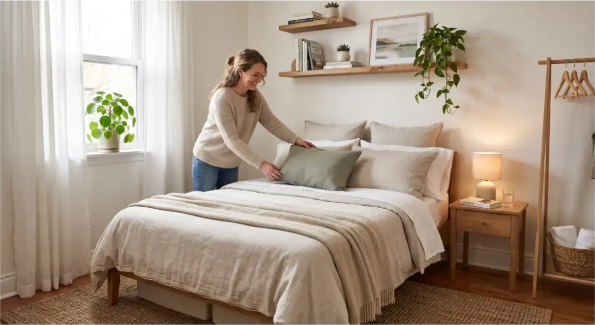 Small guest bedroom ideas featuring smart storage, neutral colors, and cozy space-saving furniture.