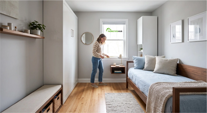 Small guest room layout ideas with space-saving furniture and efficient bed placement.