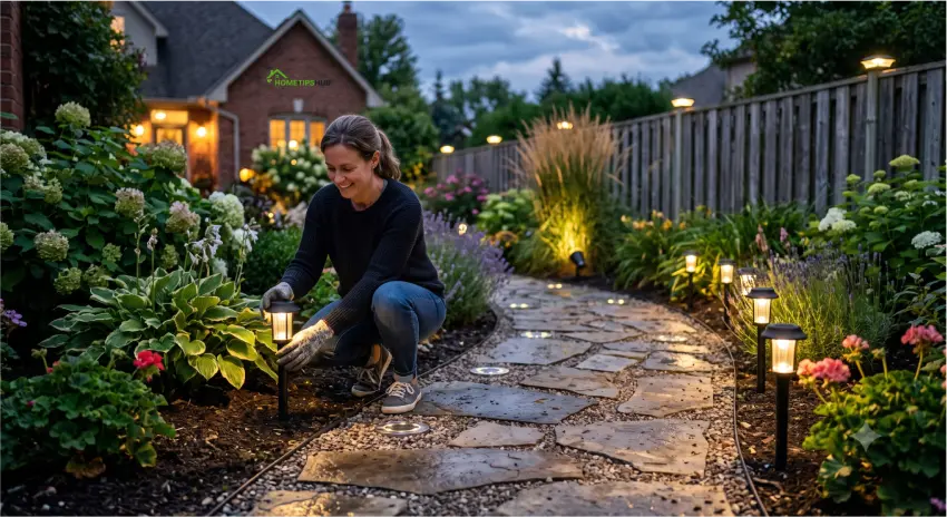 Solar garden lighting ideas for pathways using pathway lights, solar disk lights, and landscape accent lighting.