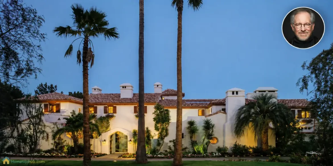 Steven Spielberg house featuring a luxury estate exterior with elegant architecture, premium landscaping, and twilight lighting.