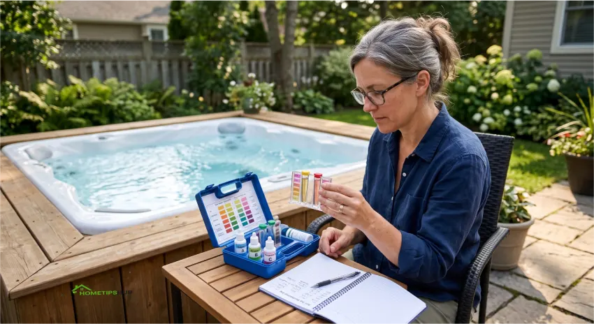 Checking hot tub water chemistry with a testing kit during regular hot tub maintenance.