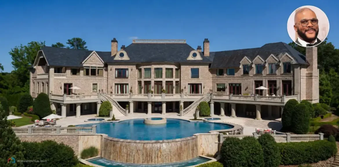Tyler Perry House: 15 Stunning Luxury Features Revealed Luxury exterior view of Tyler Perry House featuring a grand modern mansion with the celebrity's face subtly blended into the lower-right landscaping for a premium architectural real estate presentation.