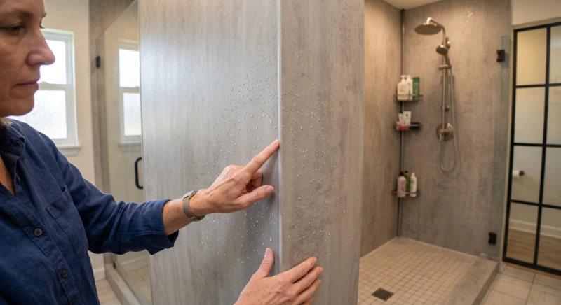 Water droplets on waterproof wall panels inside a residential shower