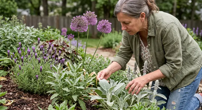 Aromatic and textured rabbit resistant plants in a home garden