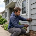 Wood siding repair inspection for cracks and early rot on a home exterior