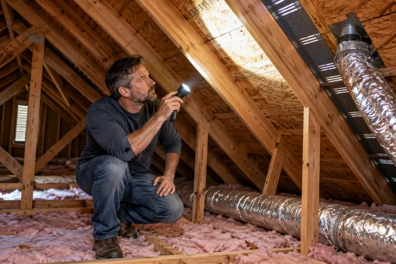 Homeowner inspecting attic ventilation and insulation for roof leak prevention