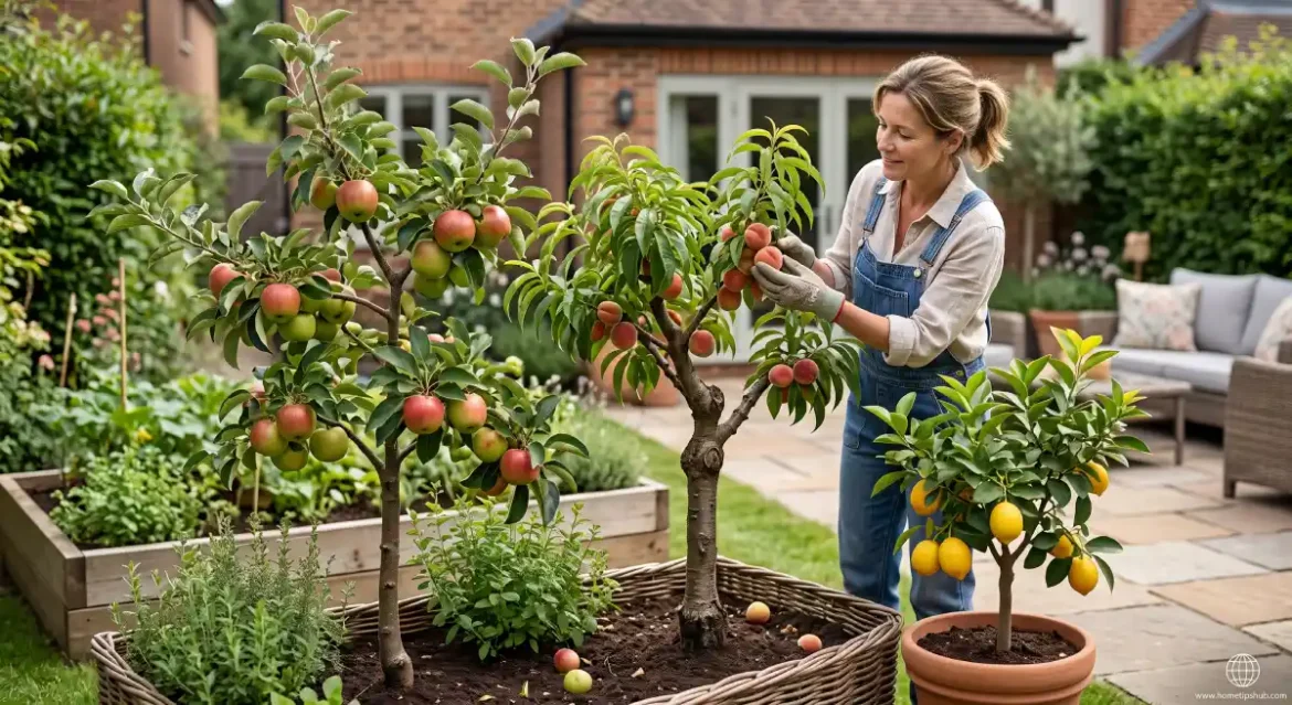 Dwarf fruit trees growing in a compact backyard garden