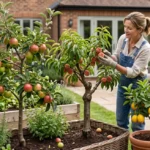 Dwarf fruit trees growing in a compact backyard garden