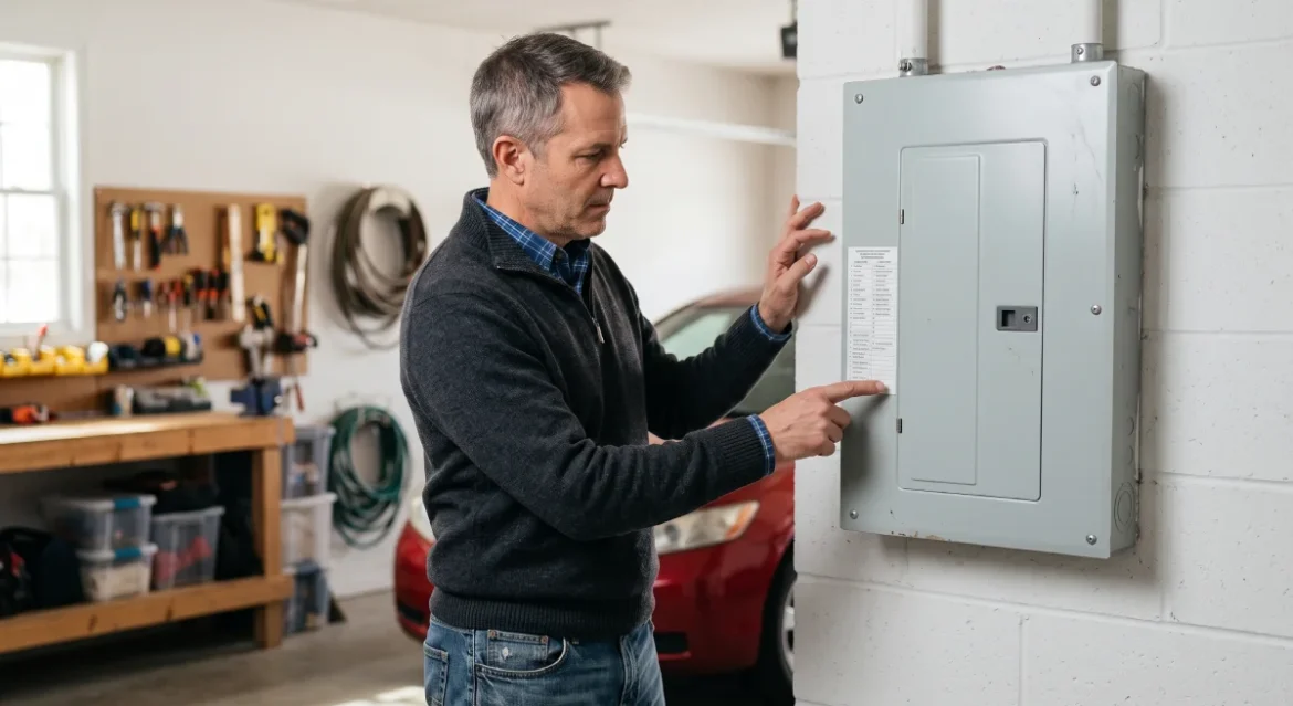 Electrical Panel Maintenance: 7 Powerful Checks for Better Home Safety Homeowner safely inspecting an electrical panel for signs of electrical panel maintenance