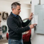 Homeowner safely inspecting an electrical panel for signs of electrical panel maintenance