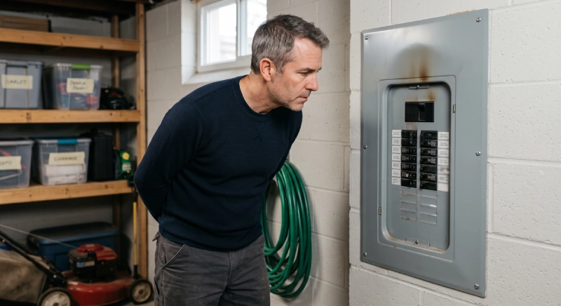 Homeowner checking an electrical panel for signs of overheating
