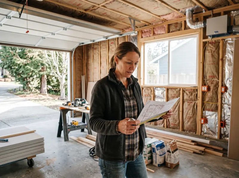 Garage conversion safety considerations including insulation, ventilation, electrical work, and egress windows