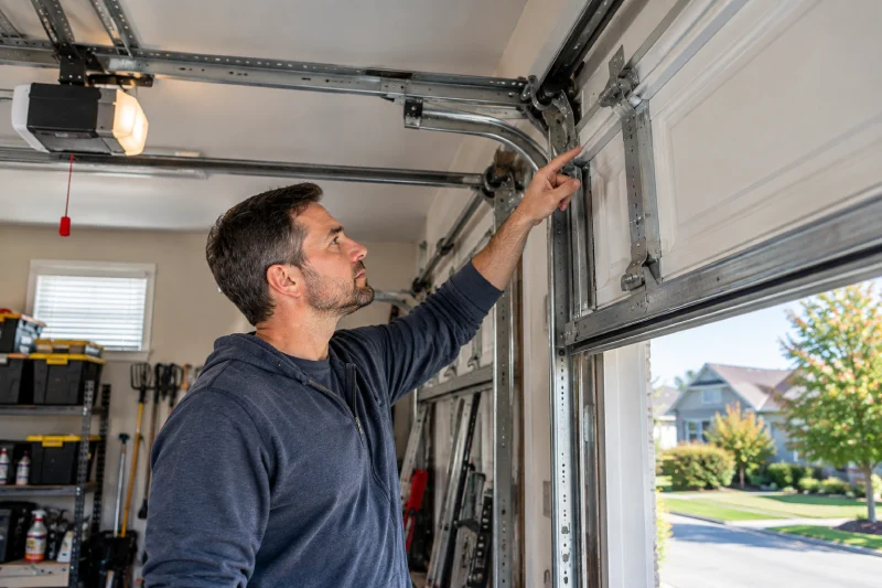 Homeowner inspecting garage door tracks, rollers, hinges, and hardware