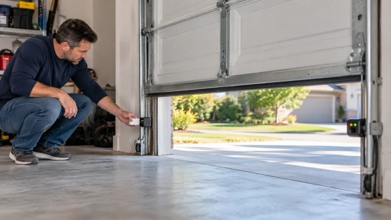 Homeowner testing garage door photo-eye safety sensors