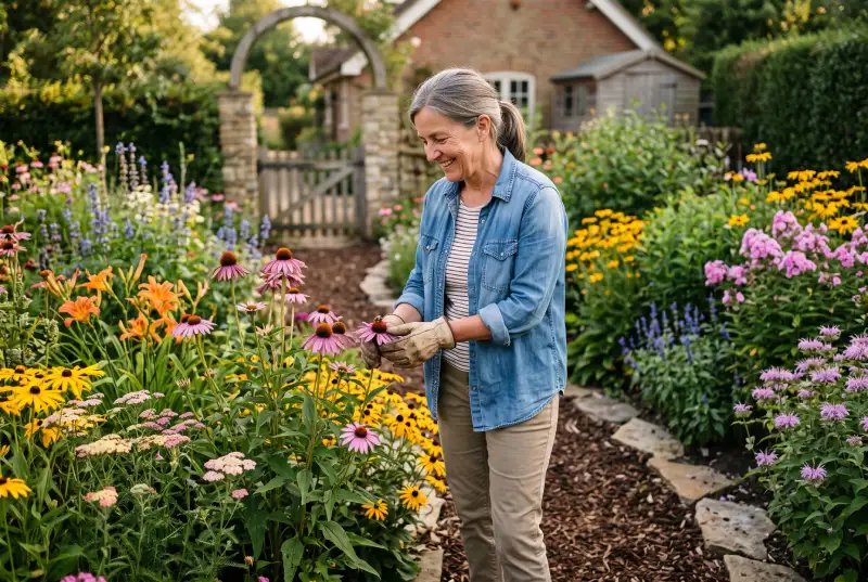 Perennial summer blooming plants growing at different heights in a garden