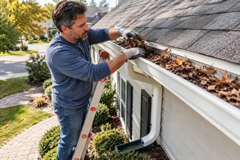 Homeowner cleaning gutters to improve roof drainage and prevent roof leaks