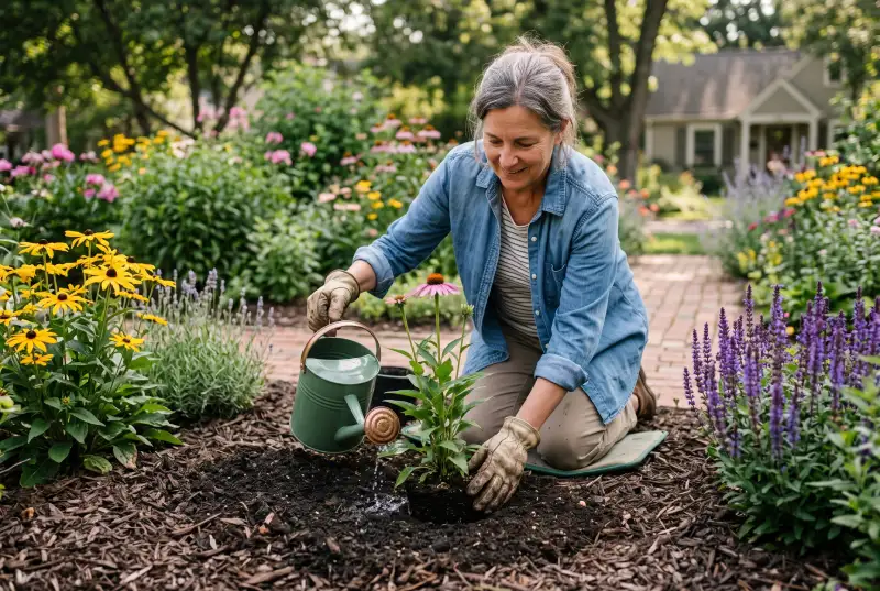 Homeowner planting summer blooming plants with proper spacing and mulch