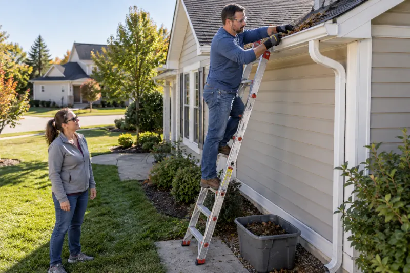 Homeowner safely cleaning gutters with a properly positioned ladder and spotter